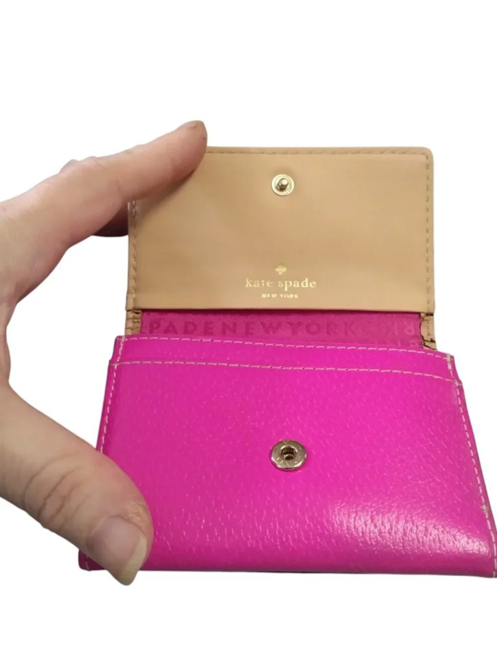 Kate Spade Hot Pink Keyring Mini Wallet Cow Leather Folding Logo Snap Closure